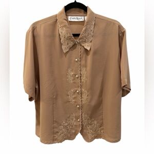 Vintage Claudia Richard Embroidered Blouse Size 18 Tan Pearl Button Top